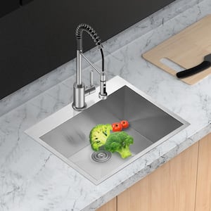25 in. Drop-In Single Bowl 16 Gauge Brushed Nickel Stainless Steel Kitchen Sink with Faucet and Bottom Grids