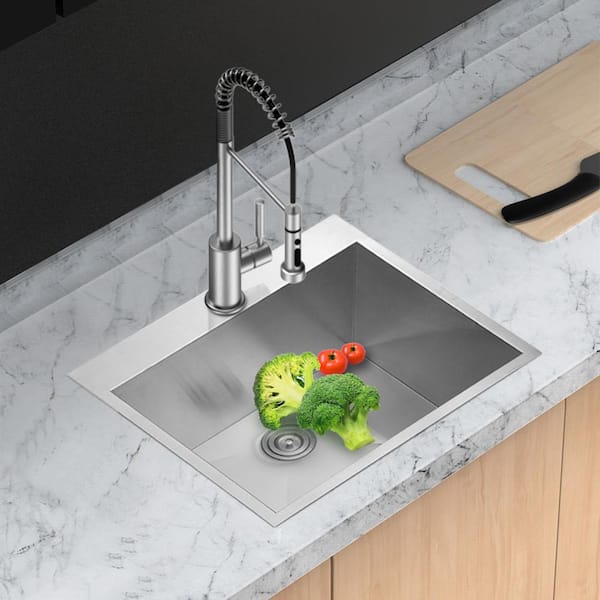 Unbranded 25 in. Drop-In Single Bowl 16 Gauge Brushed Nickel Stainless Steel Kitchen Sink with Faucet and Bottom Grids