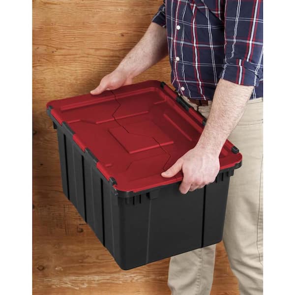 Hyper Tough 12 Gallon Snap Lid Storage Bin Container, Black with Red Lid,  Set of 4