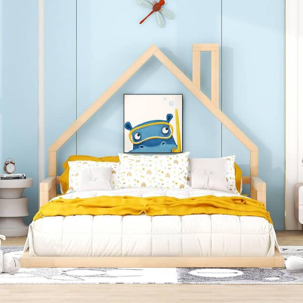 Polibi Natural Wood Frame Full Size Platform Bed with House-Shaped Headboard