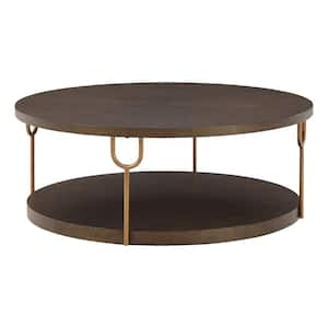 Modern 42 in. Brown and Gold Round Wood Coffee Table with Metal Frame and Wheels