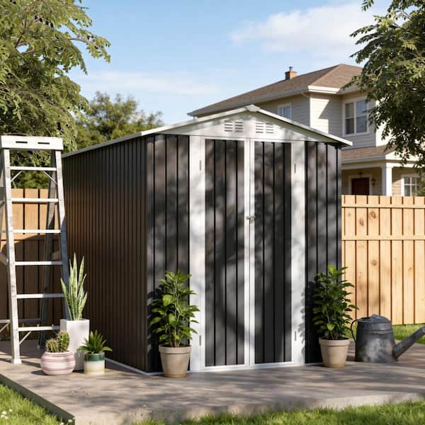 Grey 6 x 9 ft. All-Weather Metal Garden Storage Shed with Hinge Door and Apex Roof for Backyard Patio Lawn
