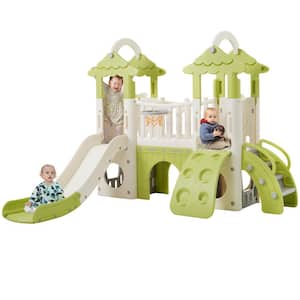 Green and White HDPE Indoor and Outdoor Playset with Slide and Basketball Hoop