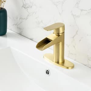 Single-Handle Spout Single-Hole Bathroom Faucet with Deckplate and Drain Kit Included Waterfall in Gold