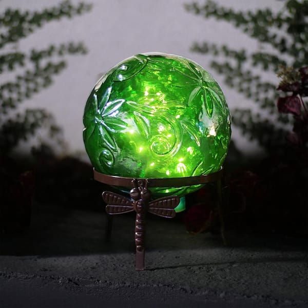 13 in. Tall Indoor/Outdoor Pearlized Green Glass LED Gazing Globe with Stand