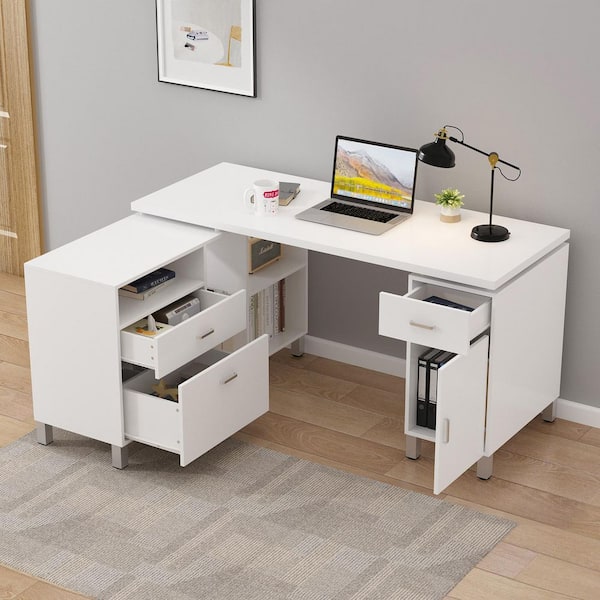 L-Shaped Desk with Hutch, 60″ Corner Computer Desk, Large Home Office Desk  with Bookshelf and Storage Shelves, Space-Saving, White – Built to Order,  Made in USA, Custom Furniture – Free Delivery