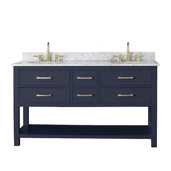 Avanity Brooks 61 in. Double Sink Navy Blue Bath Vanity with Carrara White Marble Top