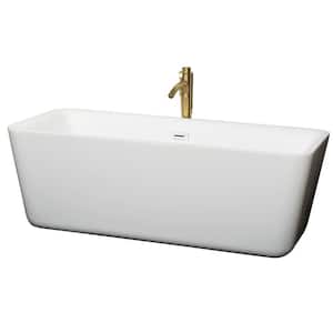Emily 68.88 in. Acrylic Flatbottom Bathtub in White with Shiny White Trim and Brushed Gold Faucet