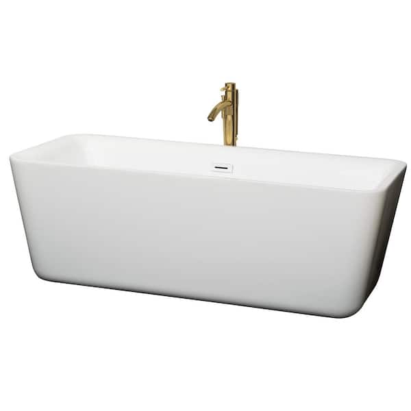 Wyndham Collection Emily 68.88 in. Acrylic Flatbottom Bathtub in White with Shiny White Trim and Brushed Gold Faucet