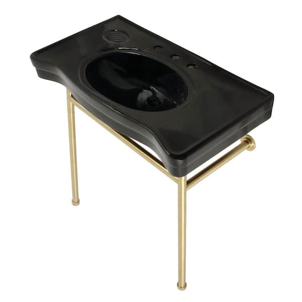 Kingston Brass Bristol Ceramic Console Sink Black Basin with Stainless Stell Leg in Brushed Brass
