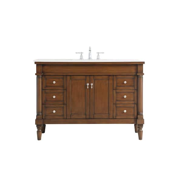 Unbranded Simply Living 48 in. W x 21.5 in. D x 35 in. H Bath Vanity in Walnut with Ivory White Engineered Marble