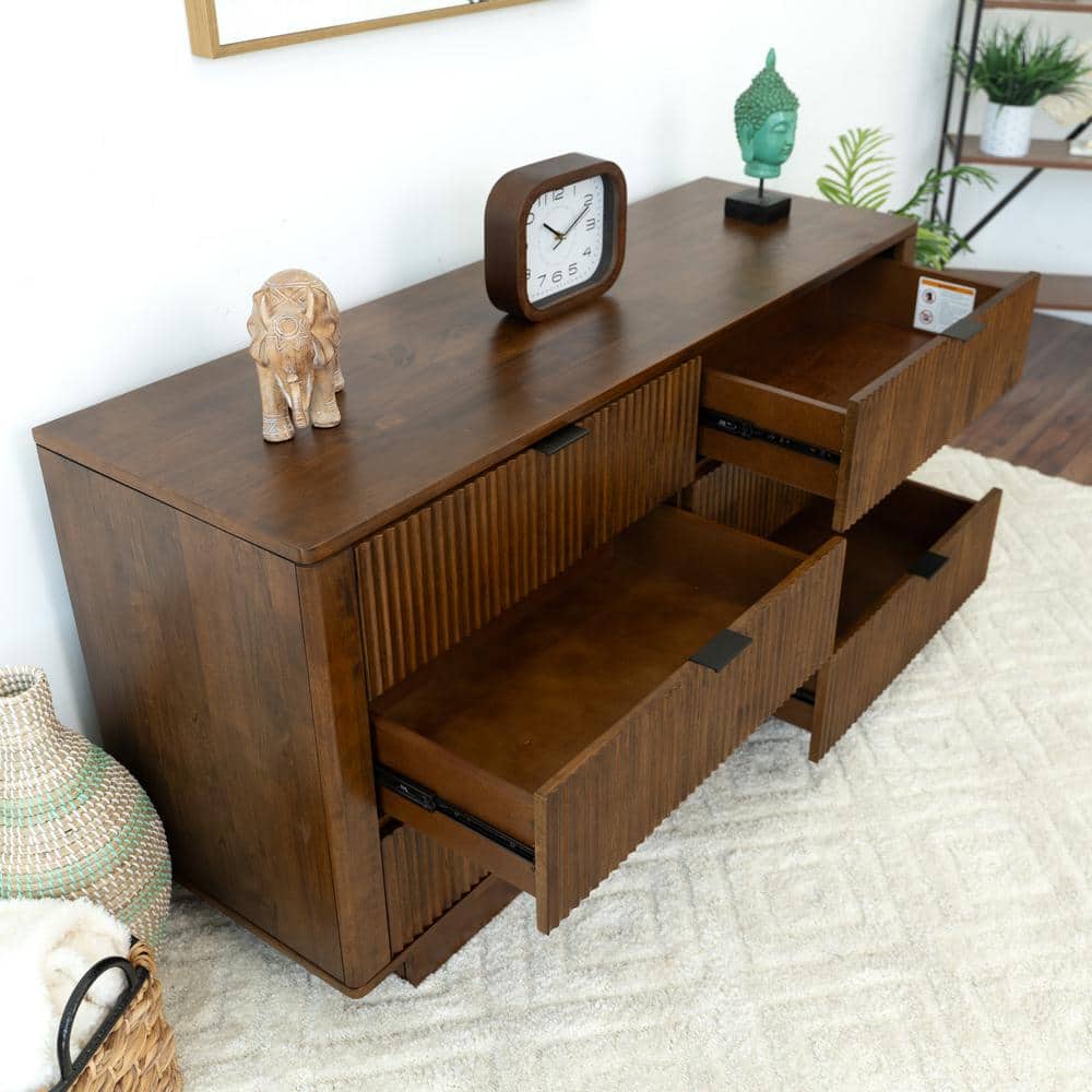 Walnut Brown Mid-Century Modern Solid Wood 6-Drawer Dresser