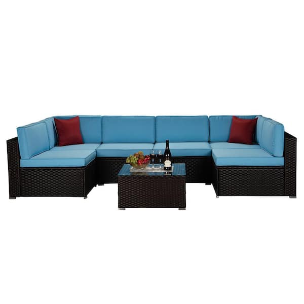 Maincraft 7-Piece Wicker Patio Conversation Set with Blue Cushions