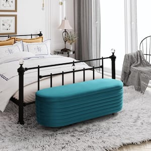 Farrah 54 in. Wide Oval Velvet Upholstered Entryway Flip Top Storage Bedroom Accent Bench in Teal