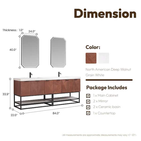 Mahon 84 in.W x 22 in.D x 33.9 in.H Double Sink Bath Vanity in Walnut with White Grain Composite Stone Top and Mirror
