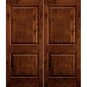 60 in. x 80 in. Rustic Knotty Alder 2-Panel Square Top Red Chestnut Stain Right-Hand Wood Double Prehung Front Door
