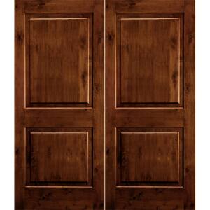 64 in. x 96 in. Rustic Knotty Alder 2-Panel Square Top Red Chestnut Stain Right-Hand Wood Double Prehung Front Door