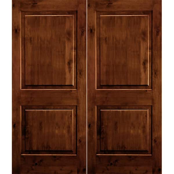 Krosswood Doors 72 in. x 80 in. Rustic Knotty Alder 2-Panel Square Top Red Chestnut Stain Right-Hand Wood Double Prehung Front Door