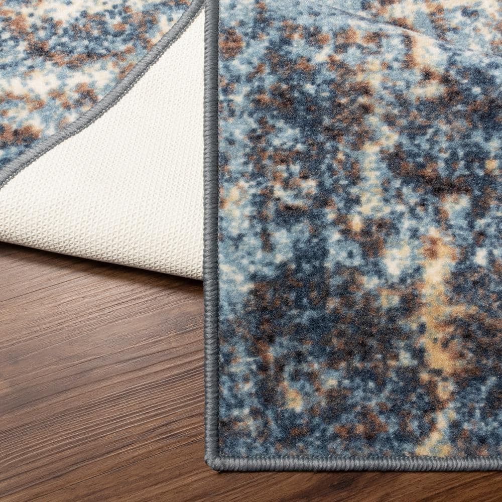Blue-Beige Medallion Washable Runner Rug with Foam Backing