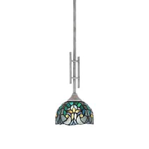 Ontario 60-Watt, 1-Light Aged Silver Stem Hung Mini Pendant Light with Cypress Art Glass Shade and No Bulb Included