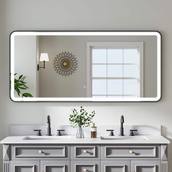 60 in. W x 28 in. H Retangular Framed LED Dimmable Anti-Fog Wall Bathroom Vanity Mirror in Matte Black, IP54