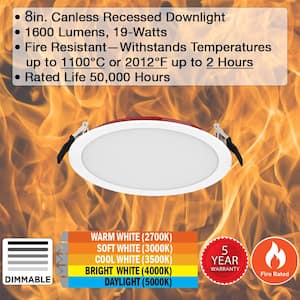 8 in. Fire Rated Canless Integrated LED Recessed Light Trim Downlight 1600-Lumens Adjustable CCT Dimmable (24-Pack)