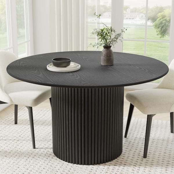 Cylindrical Black Colored Wood 52 in. Column Base Raw Edge Dining Table for 6