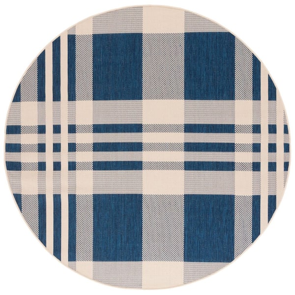 Courtyard Navy/Beige 4 ft. x 4 ft. Plaid Indoor/Outdoor Round Area Rug