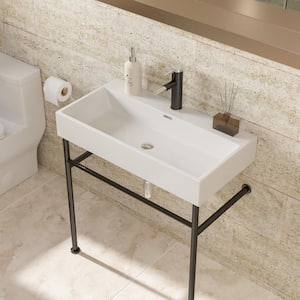 30 in. Ceramic White Console Sink Basin and Black Legs Combo with Overflow