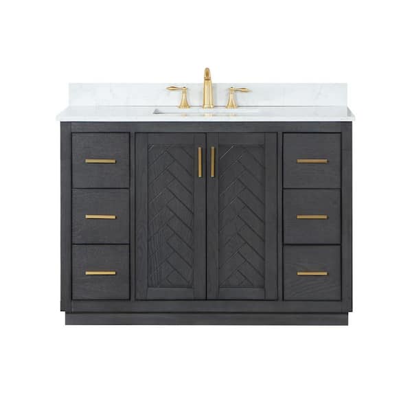 Gazsi 48 in. W x 22 in. D x 34 in. H Bath Vanity in Brown Oak with Grain White Composite Stone Top