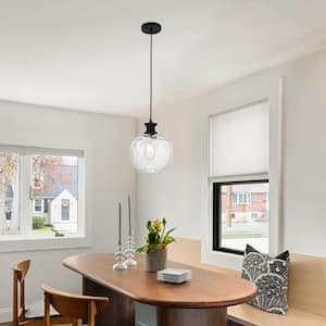 1-Light 9 in. W Matte Black Pendant Light with Hammered Glass Shade for Dining Room Bedroom, No Bulbs Included