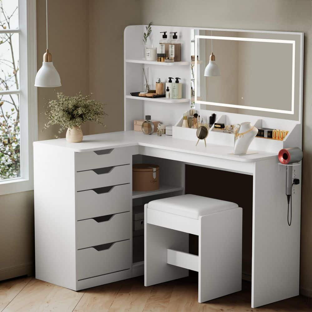 47.2 in. White L Shaped LED Makeup Vanity Sets with Power Outlet and 5 Storage Drawers