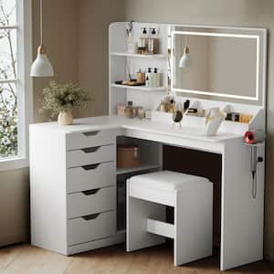 47.2 in. White L Shaped LED Makeup Vanity Sets with Power Outlet and 5 Storage Drawers