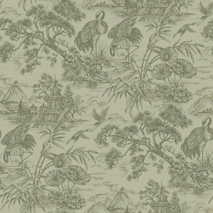 Natori Crane Sage Green Non-Pasted Non-Woven Wallpaper (Covers 56 Sq. Ft.)