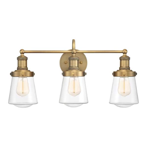 Taylor 22.75 in. 3-Light Old Satin Brass Industrial Vanity Light with Clear Glass Shades