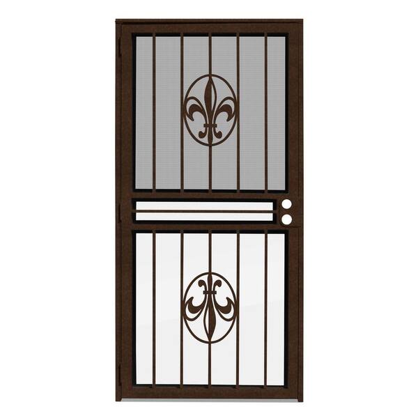 Unique Home Designs 36 in. x 80 in. Fleur de Lis Copperclad Recessed Mount All Season Security Door with Insect Screen and Glass Inserts