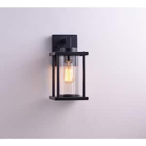 1-Light Textured Black Outdoor Metal Hardwired Wall Lantern Sconce with Clear Water Glass Shade