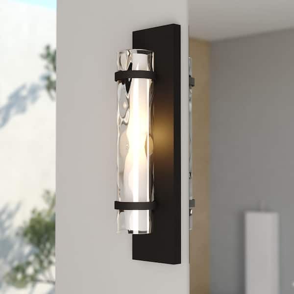 VAXCEL Vilo 4.5 in. W 1-Light Matte Black Vanity Light Contemporary Wall Sconce White Frosted Cylinder Wave Glass