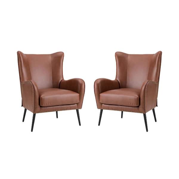 JAYDEN CREATION Harpocrates 30 in. Modern Brown Upholstered Faux Leather Arm Chair with Metal Legs (Set of 2)