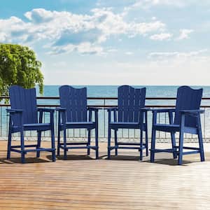 Navy Blue Plastic Adirondack Outdoor Bar Stool with Cup Holder Weather Resistant Wave Design Bar Chair(4-Pack)
