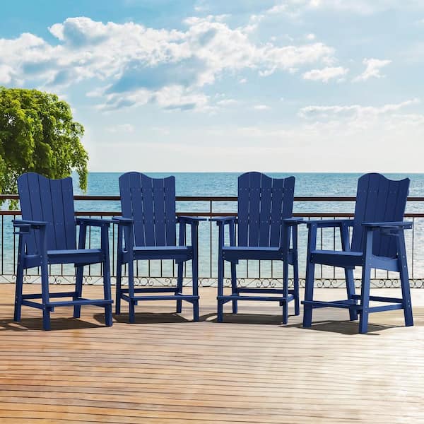 LUE BONA Navy Blue Plastic Adirondack Outdoor Bar Stool with Cup Holder Weather Resistant Wave Design Bar Chair(4-Pack)