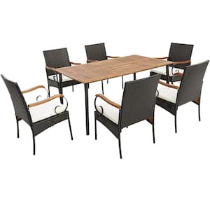 7-Pieces Wicker Outdoor Dining Set Acacia Wood Armrests Table with Detachable Cushions and Umbrella Hole