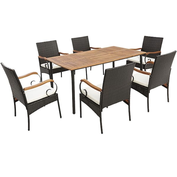 Costway 7-Pieces Wicker Outdoor Dining Set Acacia Wood Armrests Table with Detachable Cushions and Umbrella Hole