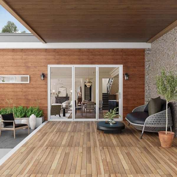 108 in. x 80 in. Left Center Opening/Outswing Double Tempered Glass White Aluminum Folding Patio Door