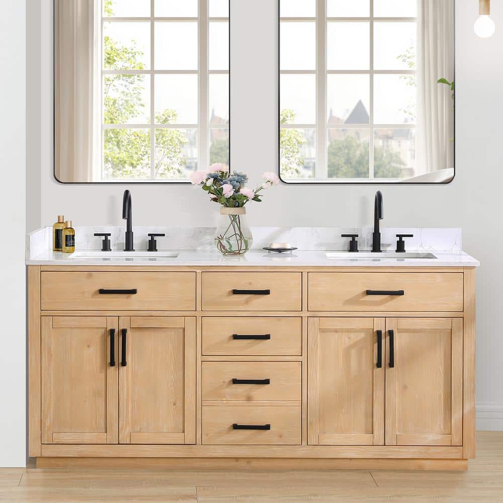 Gavino 72" Light Brown Wood Double Vanity with Composite Stone Top