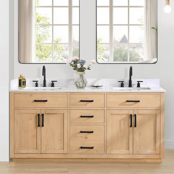 Altair Gavino 72 in. W x 22 in. D x 34 in. H Bath Vanity in Light Brown with Grain White Composite Stone Top