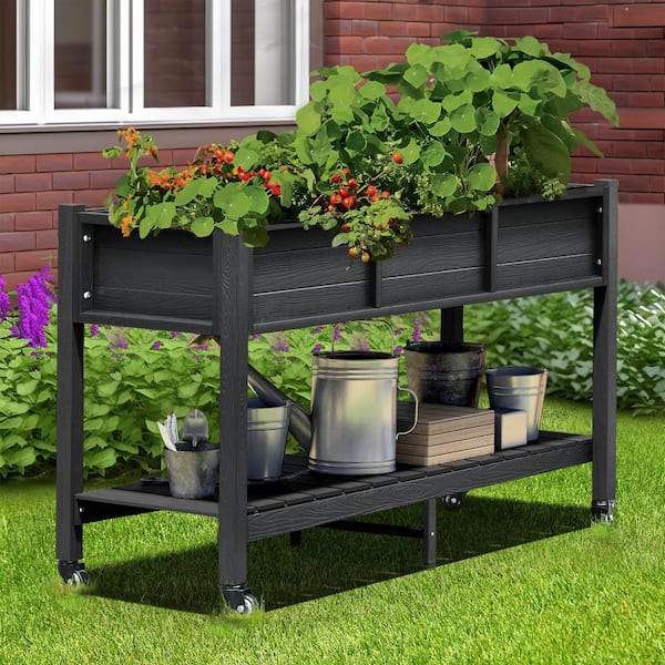 DEXTRUS 46 in. x 17 in. x 31 in. HIPS Plastic Raised Garden Bed with Shelf and Lockable Wheels