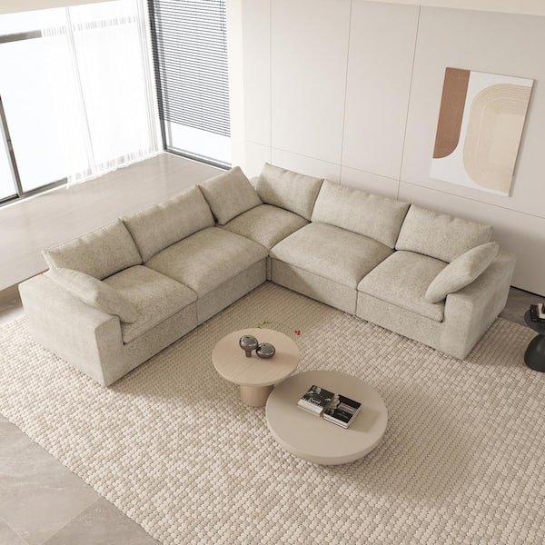 120.45 in. W Square Arm Linen Modular 5-Pieces Free Combination Sofa in Brown