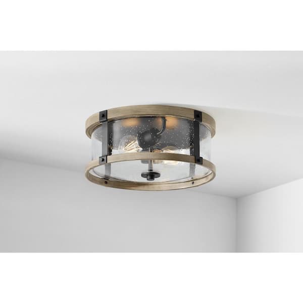 Hampton Bay Richland 2-Light Grey Wood Finish Flush Mount with Clear Seedy Glass