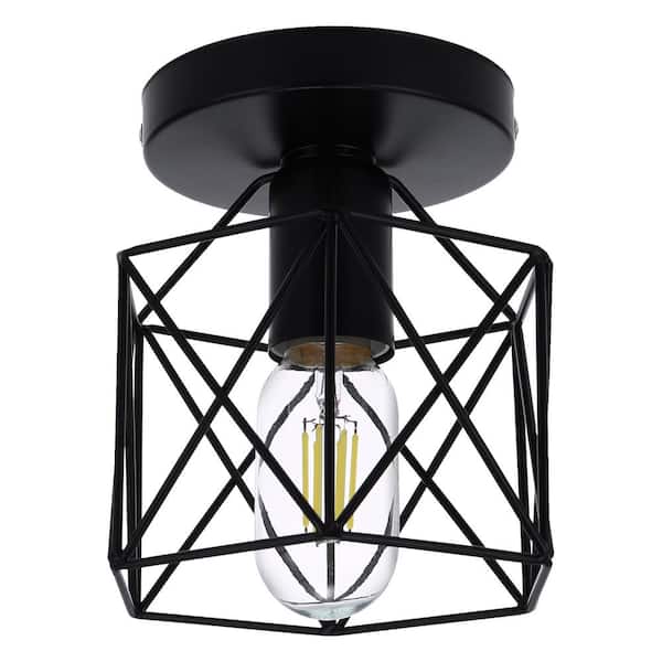 Briignite 6 in. 1-Light Black Industrial Semi-Flush Mount Ceiling Light, with Metal Cage Shade for Porch and Hallway